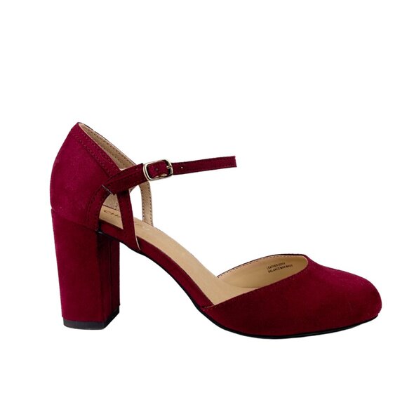 Burgundy Velvet Block Heels with Round Toe and Ankle Strap - Picture 2 of 5